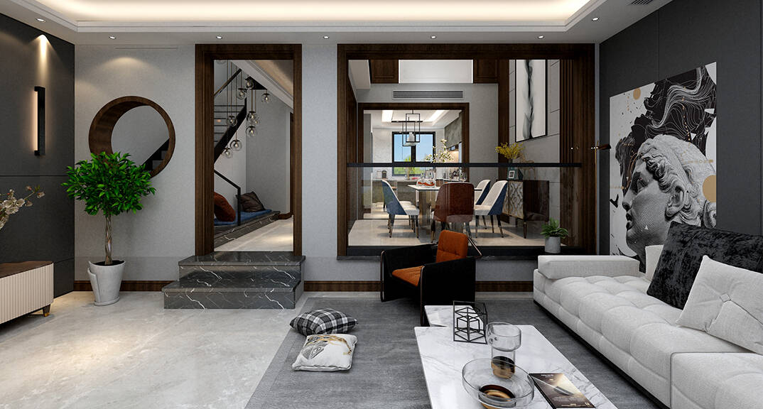 青岛鳌山卫 别墅 210㎡ 简约气概客餐厅月博效果图