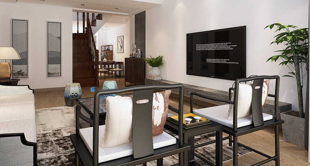 丽都国际310㎡别墅客厅新中式气概月博案例效果图