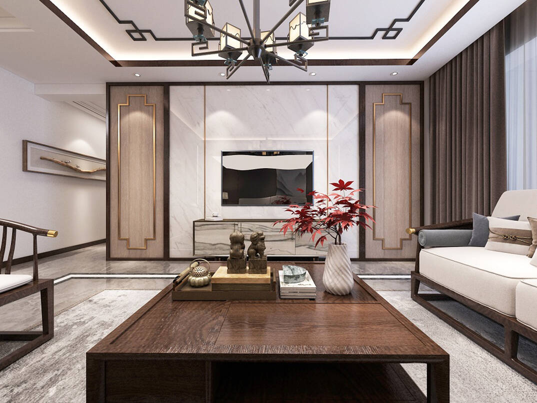 依山伴城127㎡三室两厅客厅新中式气概月博案例效果图