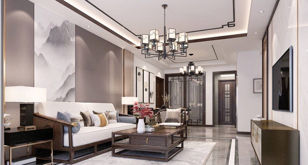 依山伴城127㎡三室两厅茶楼新中式气概月博案例效果图