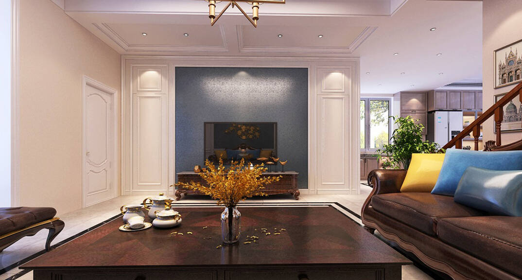 安纳溪236m?别墅客厅电视墙美式气概月博案例效果图