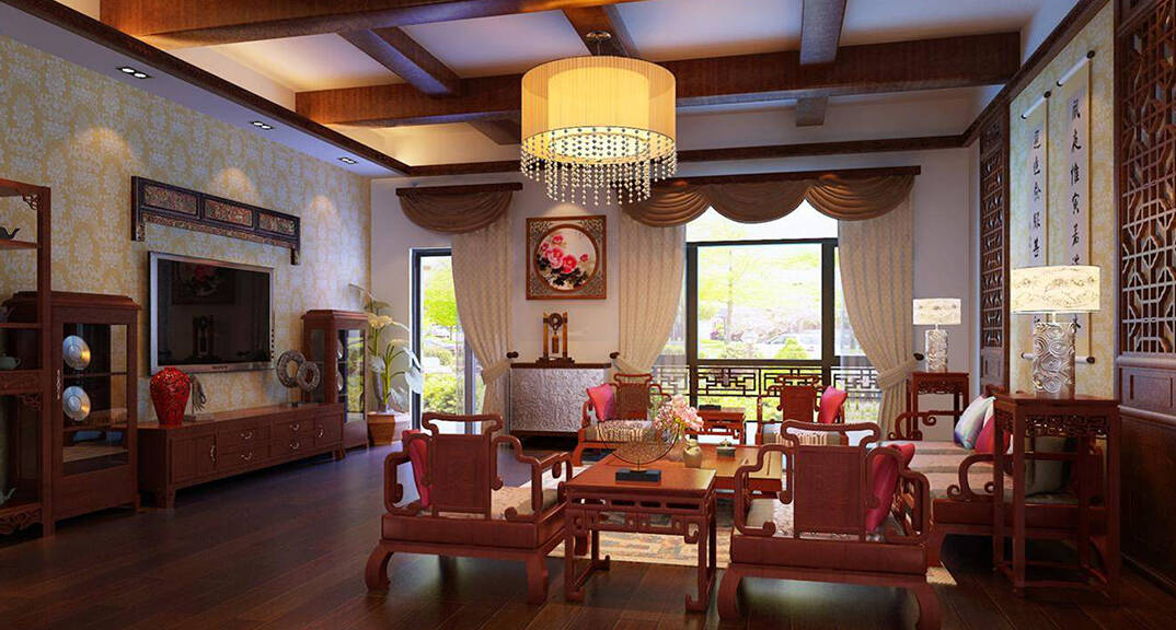 香溪庭院240m?别墅客厅中式气概月博案例效果图