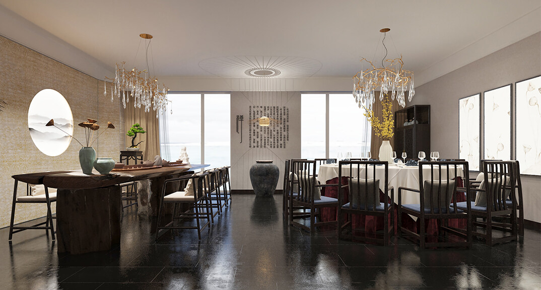 东海路700㎡独栋别墅大厅新中式气概月博案例效果图