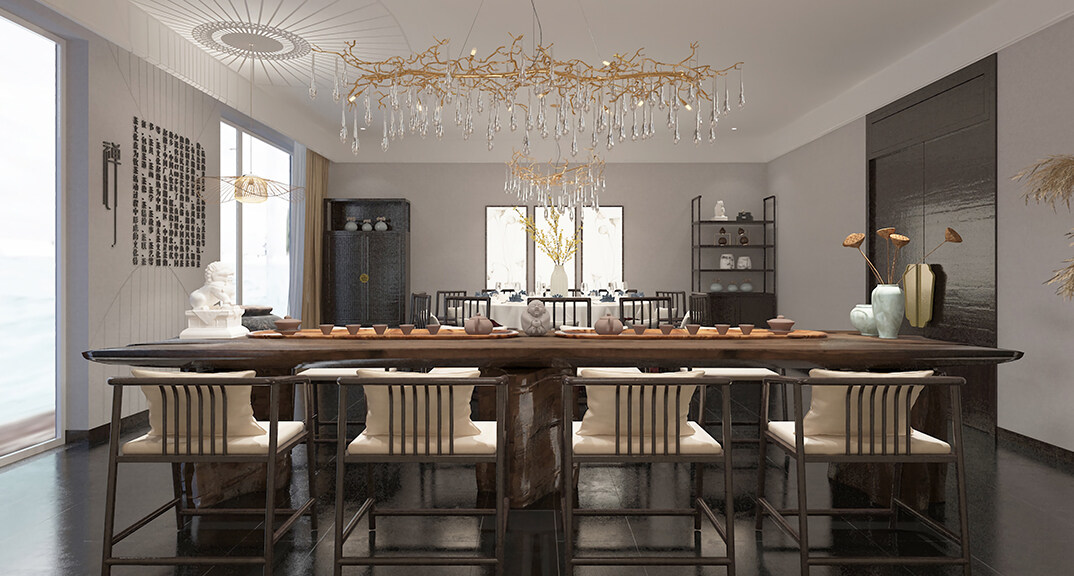 东海路700㎡独栋别墅一层大厅新中式气概月博案例效果图