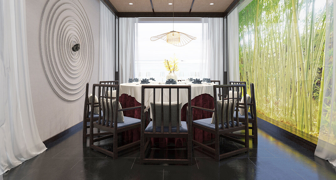 东海路700㎡独栋别墅一层餐厅新中式气概月博案例效果图