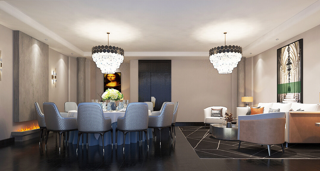 东海路700㎡独栋别墅二层餐厅新中式气概月博案例效果