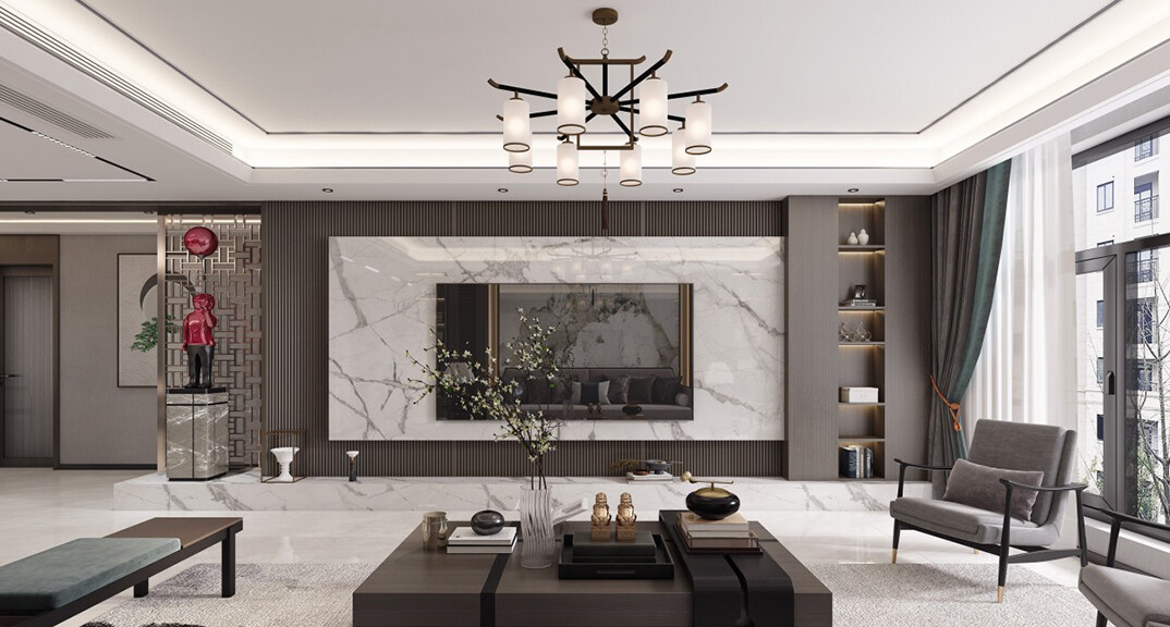 绿城·海棠印月166㎡三室二厅客厅电视新中式气概月博案例效果图